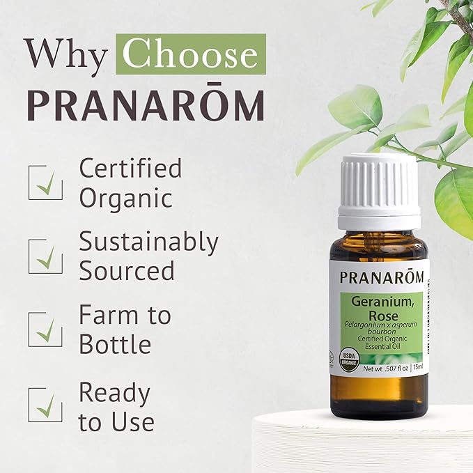 Pranarom USDA Certified Organic Rose Geranium Essential Oil (5ml), 100% Pure Undiluted Therapeutic Grade from Madagascar for Aromatherapy, Diffuser, Skincare, Relaxation, Pure Rose Scent