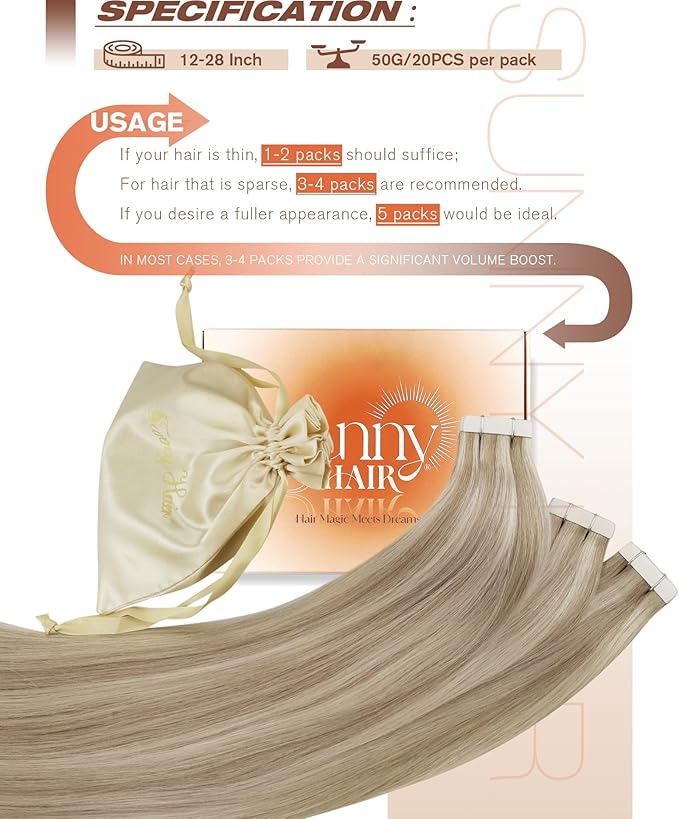 Sunny Hair Blonde Tape in Hair Extensions Human Hair Ash Blonde Highlight Bleach Blonde Hair Extensions Tape in 18 Inch Remy Tape in Txtensions for Women Wedding 20Pcs 50g