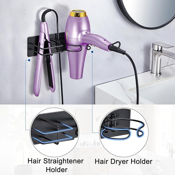 Hair Dryer and Straightener Holder Wall Mounted, Self Adhesive Blow Dryer and Flat Iron Storage Hair Tool Organizer for Bathroom Vanity (Black)