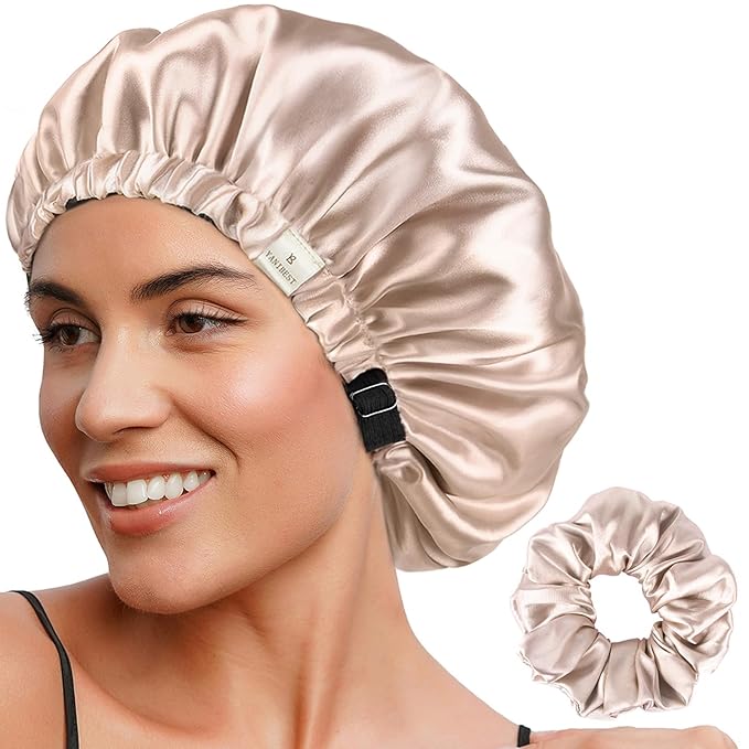 YANIBEST Adjustable Satin Bonnet Double Layer Hair Bonnet for Sleeping Bonnets for Women Hats Curly Natural Hair, Champagne