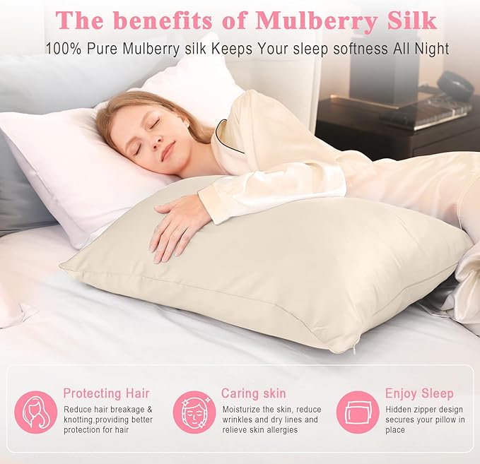100% Pure Silk Pillowcase 2 Pack for Hair and Skin, Both Sides 23 Momme Grade 6A+ Mulberry Silk Pillowcases with Hidden Zipper, Soft&Smooth Cooling Pillow Cases (Buff Beige, Queen 20x30)