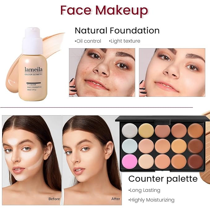 Makeup Present Set for Teen Girl Women, Travel Makeup Kit, Makeup Full Kit for Beginner, Makeup Bundle Include 2 Matte & Shimmer Eyeshadow Palettes, Liquid Glitter Eyeshadow & Eyeliner