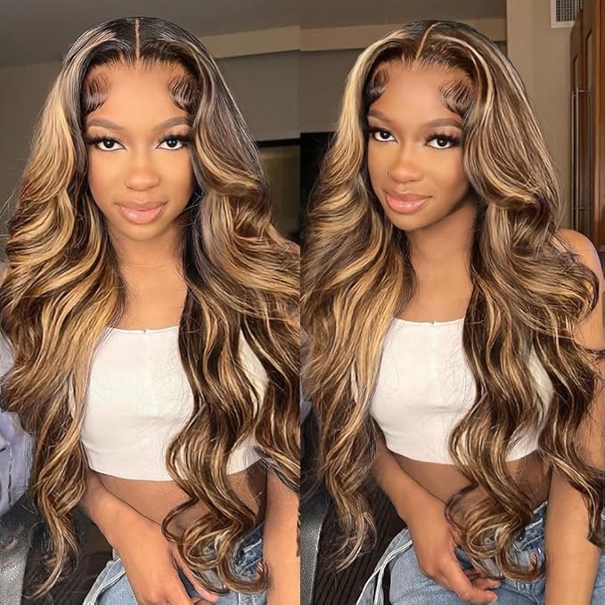 28 Inch 13x6 Body Wave Highlight Ombre Lace Front Wig Human Hair 13x6 HD Lace Front Wigs Human Hair 180% Density P4/27 Colored Wigs Honey Blonde Glueless Wigs Human Hair Pre Plucked Pre Cut