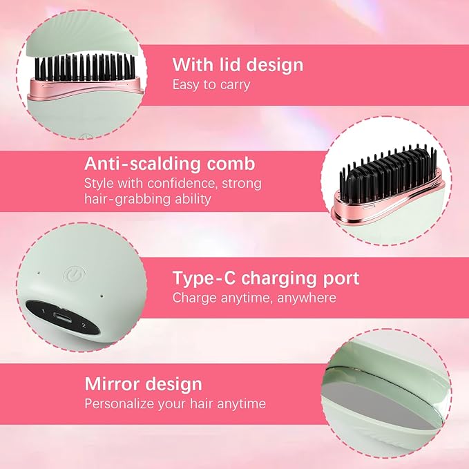 Mini Straightener, Cordless Rechargeable Portable Straightening Comb, Portable Rapid-Heat with 3 Temp Settings, Heat-Resistant Shell for Travel(Green)
