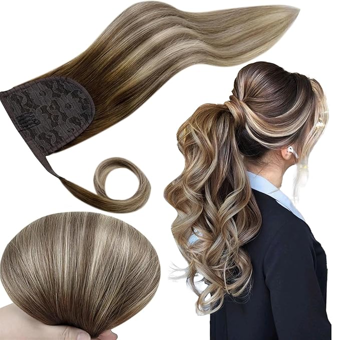 RUNATURE Human Hair Ponytail Balayage, Ponytail Extension Real Human Hair, Clip in Ponytail Hair Extensions Straight, Remy Natural Hair, Daily Wearing 16 Inch 80g #3/8/22 Walnut Brown to Light Blonde