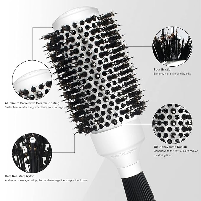 Round Brush with Boar Bristle, Ball Tip Round Hair Brushes for Women Blow Drying, 2 Clips and 1 Comb Included (2.9" & Barrel 1.7")…
