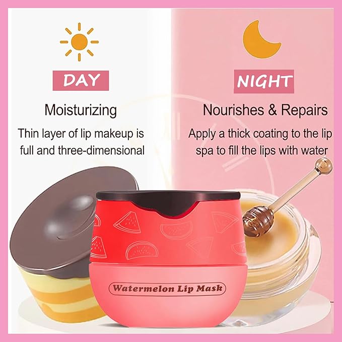 1 PCS Bee Lip Balm Lip Mask Honey Pot, Watermelon Moisturizing Sleeping Lip Mask Overnight with Sticks, Lip Balm Honey Pot Lip Balm Hydrating Prevention Dry and Crack Lip Scrubs Exfoliator