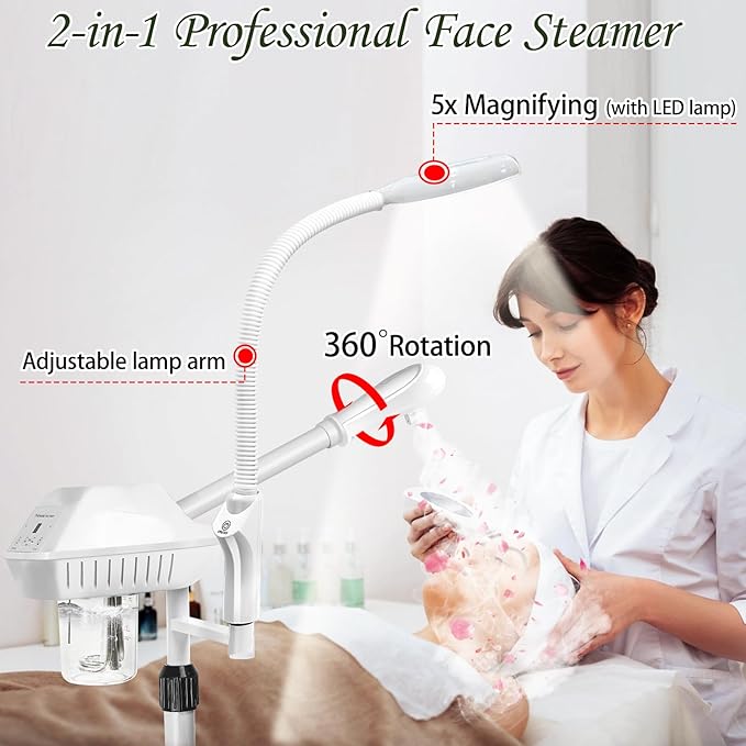 Professional Facial Steamer for Deep Hydration,2in1 Ozone Face Steamer with 5X Magnifying Lamp,Suitable for Home Use or Beauty Spa Deep Cleansing and Hydration