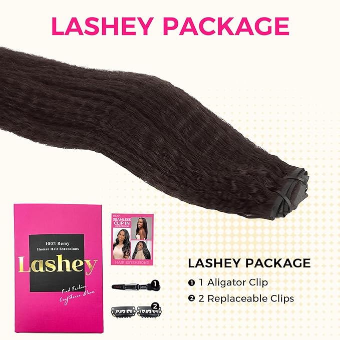 Lashey Seamless Clip in Hair Extensions Human Hair 130g 9pcs #2 Dark Brown 16 Inch Kinky Straight Clip in Hair Extensions Real Human Hair with Flat PU Invisi Edge Full Pack