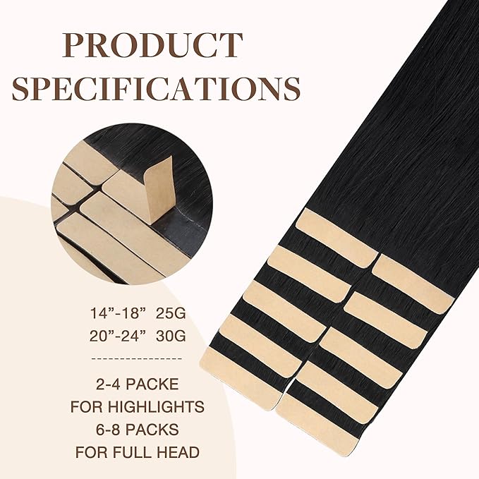 GOO GOO Tape in Hair Extensions Human Hair, 1 Jet black, 16inch 25g 10pcs, Skin Weft Seamless Invisible, Silky Straight with Thick Ends, Remy Human Hair