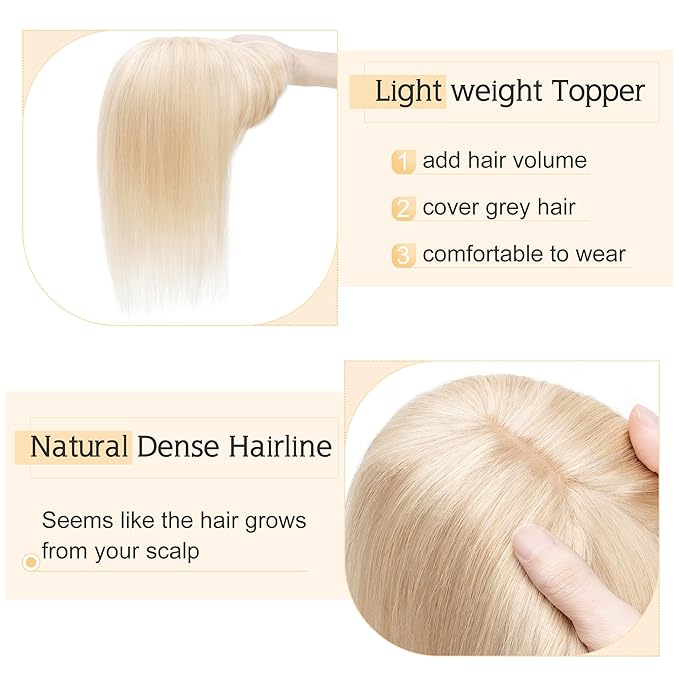 SEGO Hair Toppers for Women Real Human Hair With Bangs, 7 * 13CM Silk Base 100% Remy Clip in Top Wiglet Hairpieces -8 Inch 18P613 Ash Blonde&Bleach Blonde