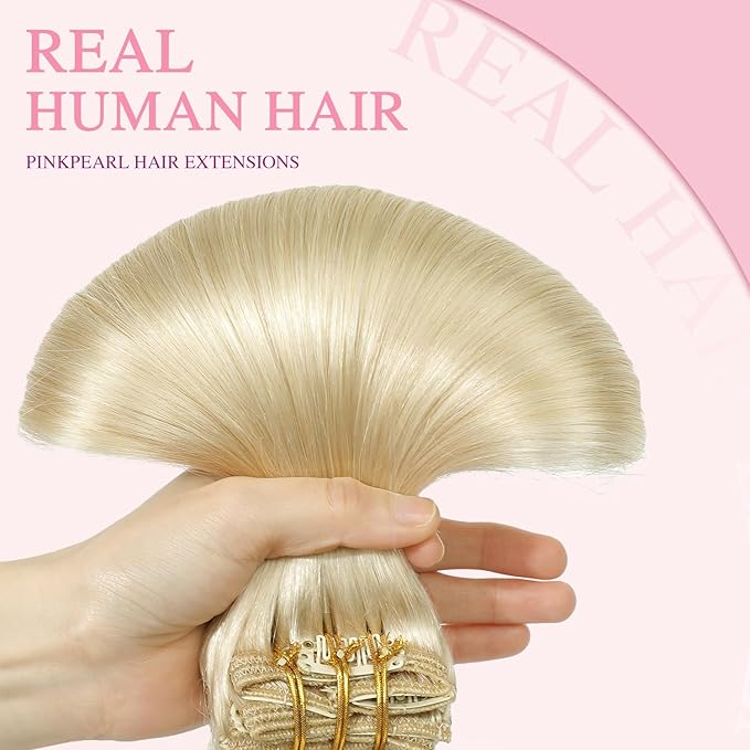 PINKPEARL Clip in Hair Extensions #60 Platinum Blonde Clip in Hair Extensions Real Human Hair 7pcs 120g 14inch Blonde Hair Extensios Clip ins for Women Straight Natural Human Hair Clip ins (#60-14)