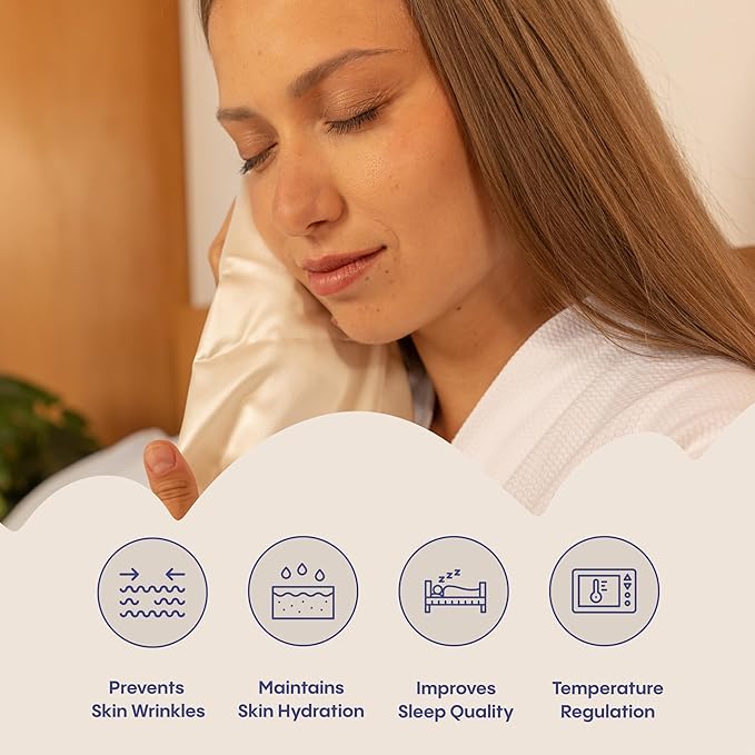 FluffCo 100% Pure Mulberry Silk Pillowcase - Queen Size | Luxurious Cooling Pillowcase for Hair & Skin Care | 22 Momme Natural Silk Body Pillowcase for Standard US Bedding (White)