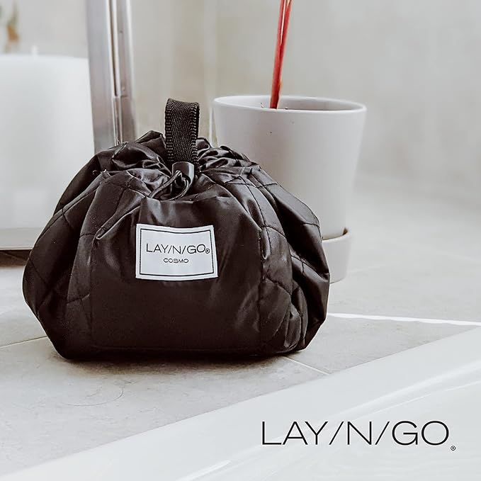 Lay-n-Go Cosmo Layflat Drawstring Cosmetic & Makeup Bag Organizer w/Zipper Pocket, Brush Loops & More, Cinch to Close, Lay Flat to Use, Durable, Machine Wash, Travel Toiletry Bag (20", Dogs)