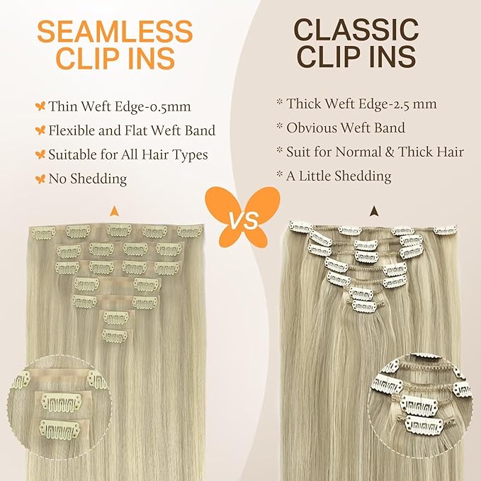 DOORES Clip in Hair Extensions, Real Human Hair, Ash Blonde Highlighted Platinum Blonde, 150g, 7pcs, 20 Inch, Invisible Edge