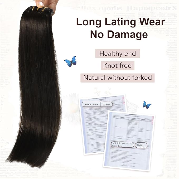 XDhair Clip in Hair Extensions Real Human Hair 18 Inch 120g Natural Straight Human Hair Clip in Extensions for Woman, Soft Straight 6pcs Per Set with 18 Clips Double Weft #1B