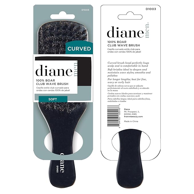 Diane 100% Boar Bristle Curved Club Wave Brush for Men and Women, Soft Bristles for Fine to Medium Hair, Ideal for Detangling, Smoothing, and Defining Wave Styles