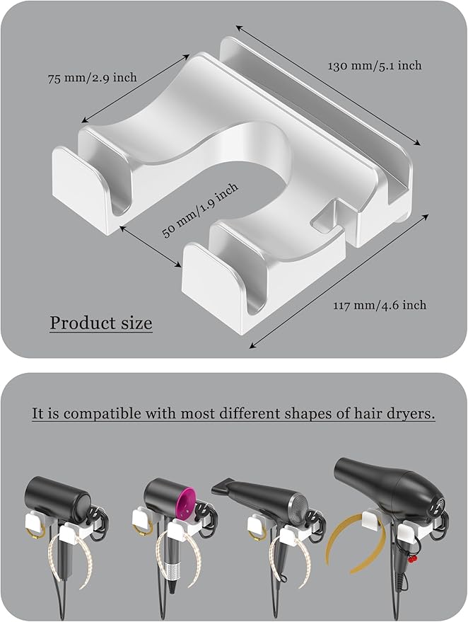 Universal Hair Dryer Holder Wall Mounted, Blow Dryer Holder Cabinet Door, Hairdryer Holder for Bathroom, Hair Dryer Storage Rack Fixed by Screw or Adhesive (White)