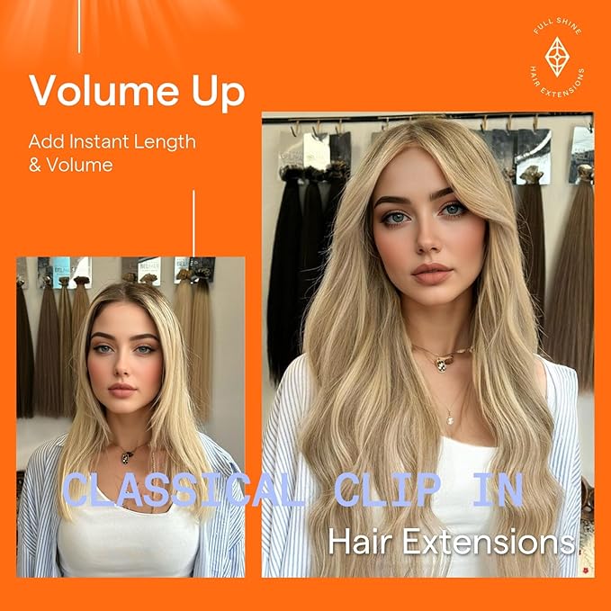 Full Shine 24 Inch Clip in Hair Extensions Real Human Hair Blonde Highlight Seamless Human Hair Clip in Extensions Dirty Blonde Mix Light Blonde Double Weft Real Hair Extensions 7 Pcs 120 G
