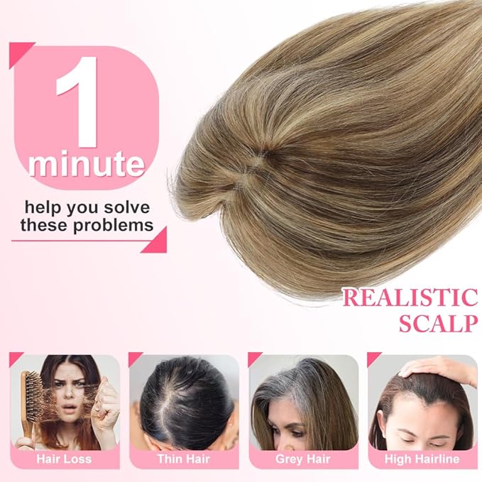 Hair Toppers for Women Real Human Hair Topper for Women with No Bangs Hairpieces Comfortable and Breathable 10 Inch Swiss Base 3D 360°Cover Glue-free (Medium Brown with Highlight)
