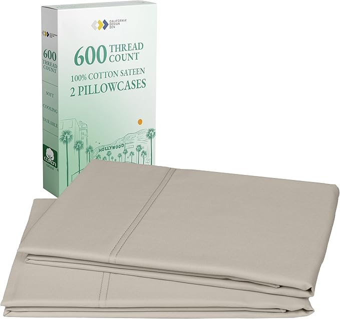 California Design Den Premium King Size Pillowcases Set of 2-600 Thread Count Sateen, Natural 100% Cotton Pillowcases King, Crisp, Durable Bedding - Soft Linen