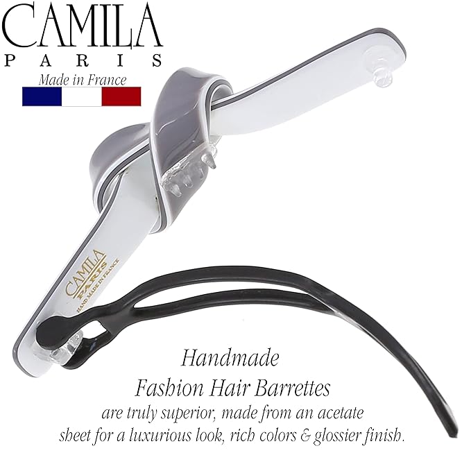 Camila Paris CP3359 French Hair Barrette Clip for Girls, Handmade, Gray/White, Metal-Free Closure Strong Hold Grip Hair Clips for Women, No Slip Durable Styling Girls Hair Accessories, Made in France