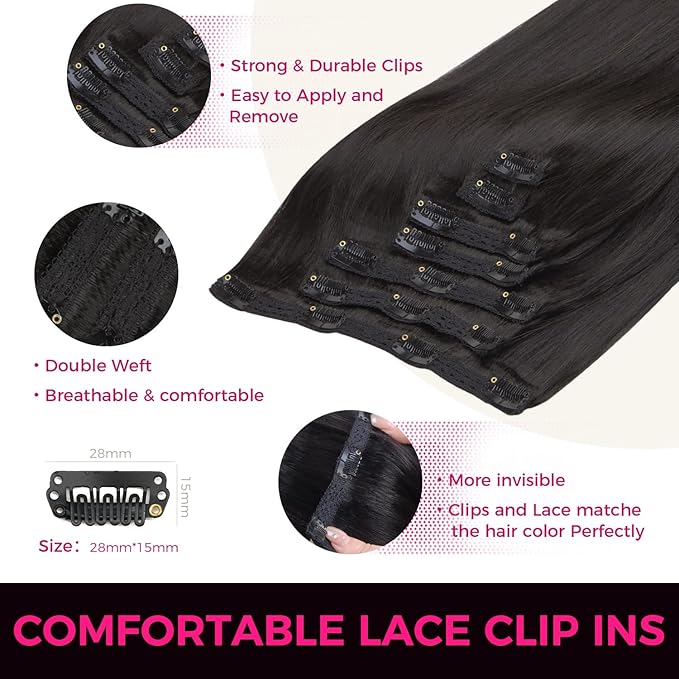 Lashey Clip in Hair Extensions Human Hair Light Yaki Straight 14 Inch 7pcs 120g Human Hair Natural Black Hair Extensions Clip in Extensions Real Human Hair for Women