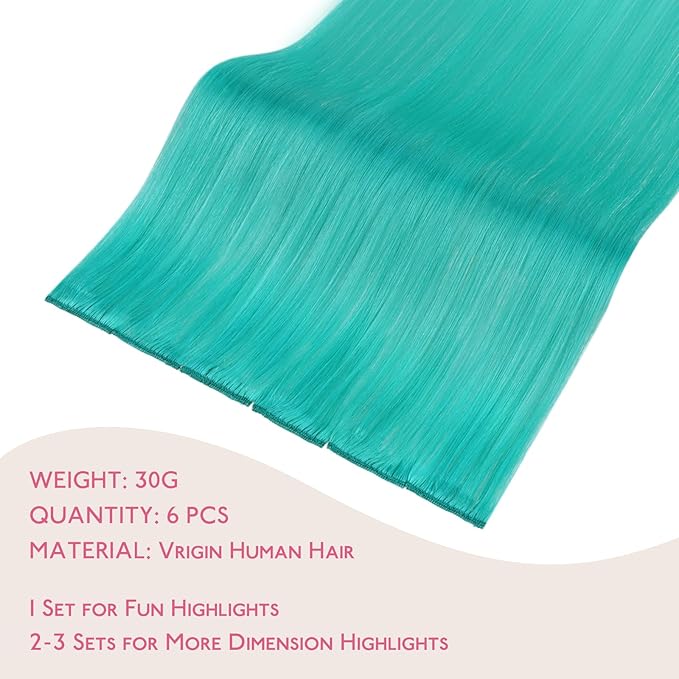 WENNALIFE Teal Green Clip in Hair Extensions Real Human Hair 35g 6pcs 14 Inch Colored Hair Extensions for Kids Women Colorful Hair Pieces Pop-up Style Straight Extensiones De Cabello Humano Con Clip
