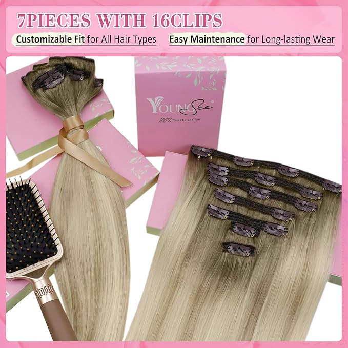 YoungSee 150g Clip in Human Hair Extensions Ash Blonde Ombre Platinum Blonde Balayage Clip in Hair Extensions Invisible Clip on Hair Extension Human Hair Long Straight Hair 7pcs 24inch