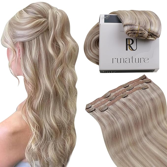 RUNATURE Clip in Hair Extensions Real Human Hair, Clip in Human Hair Extensions for Women, Remy Natural Human Extensions Full Ends, 20 Inch 50g 3pcs, #19P60 Grey Blonde Highlights