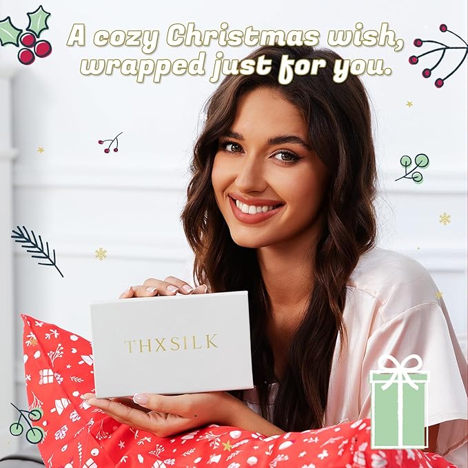 THXSILK Christmas Style 6A+ Grade Mulberry Silk Pillowcase for Hair and Skin, 22 Momme 100% Pure Silk Pillow Case with Hidden Zipper, Christmas Holly Printed Pillow Cover, Red， Standard