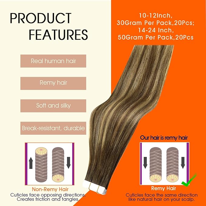 Full Shine Human Hair Extensions Tape in Color 4/24/4 Balayage Brown And Blonde Human Hair Tape in Extensions 24Inch Long Remy Skin Weft 100G Double Sided Extension 40Pcs for Women