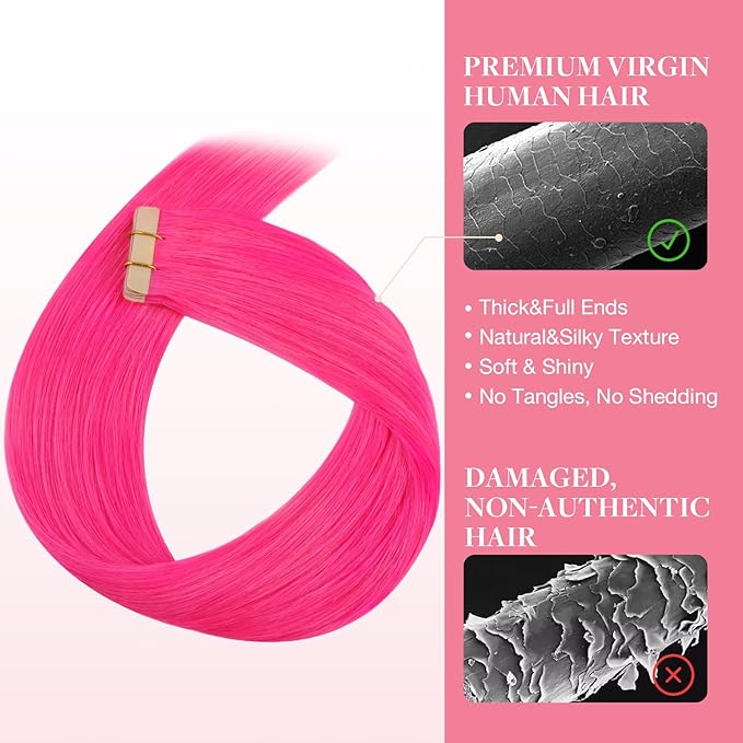GOO GOO Tape in Hair Extensions Human Hair, Pink, 16inch 25g 10pcs, Colored Tape ins Human Hair Extensions, Silky&Soft Invisible Tape Ins, Hair Highlighted for Party