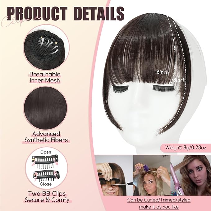 Clip in Bangs, Synthetic Wispy Bangs Hair Clip, Dark Brown Fake Bangs Fringe with Temples Hairpieces for Women Natural Curved Hair Extensions for Daily Wear
