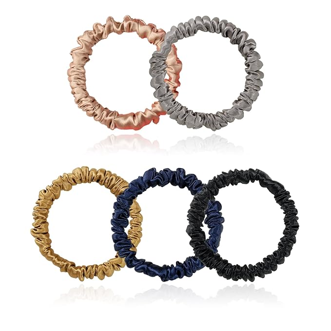Silmer Silk Scrunchies Silk Hair Ties 100% Mulberry 5 Pack(Caramel,Dark Grey,Champagne Gold,Navy Blue,Black)