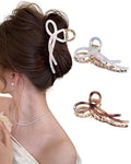 ACECHA 2 Pack Gold Metal Bow Hair Claw Clips for Women, 4.5" Colorful Non-slip Hairclips for Thick Thin Hair Claws Strong Hold Styling (B-Colorful & Chocolate)