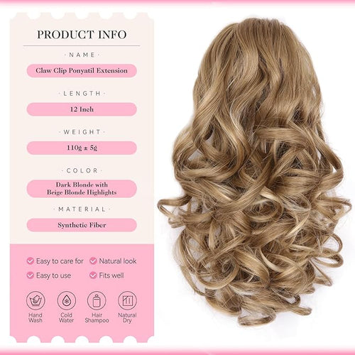 12 Inch Blonde Ponytail Extension - Clip in Ponytail Hair Extensions, Curly Wavy Pony Tails Hair Extensions, Claw Clip Ponytail Extension for Women (Color: Dark Blonde With Beige Highlights)