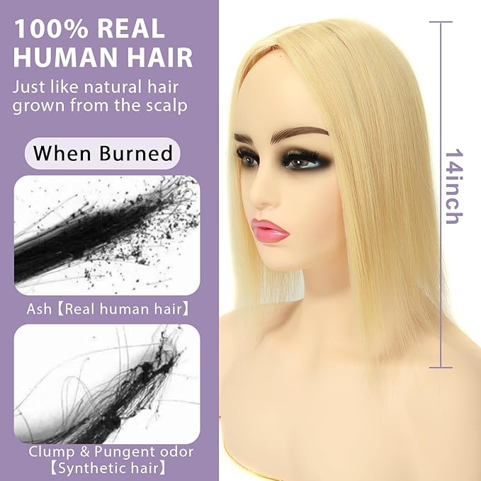 14 Inch Length Hair Toppers for Women with Thinning Hair, 3x5 Inch Injected Silk Base 130% Density Hairpieces #613 Bleach Blonde