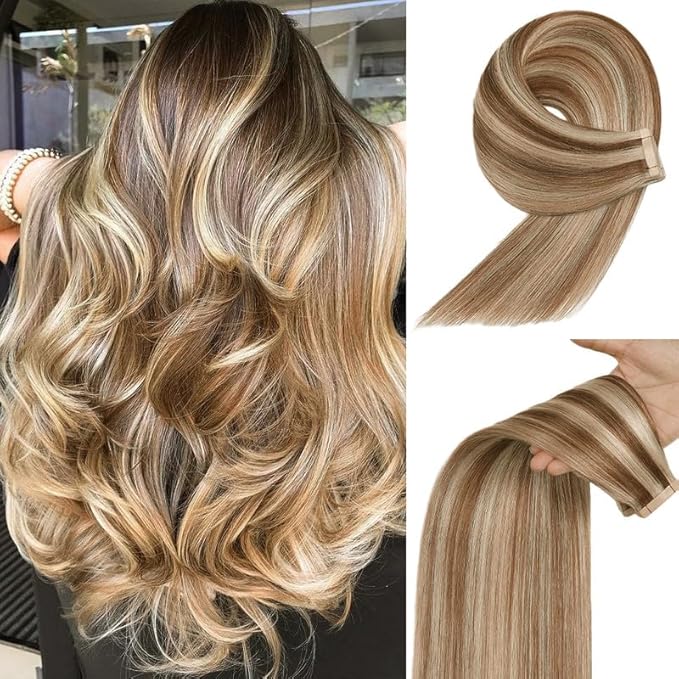 Tape in Hair Extensions Human Hair, 14 Inch 20pcs Human Hair Extensions Tape in for Women Chestnut Brown Highlighted Bleach Blonde Skin Seamless Invisible Tape Hair Extensions(P6/613#, 14 Inch)