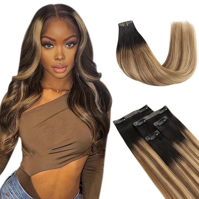 Lashey Seamless Clip in Hair Extensions 4pcs 46g Ombre Balayage Ash Brown to Honey Blonde Clip in Hair Extensions Human Hair with Highlighted Effect 18 Inch Straight Human Hair
