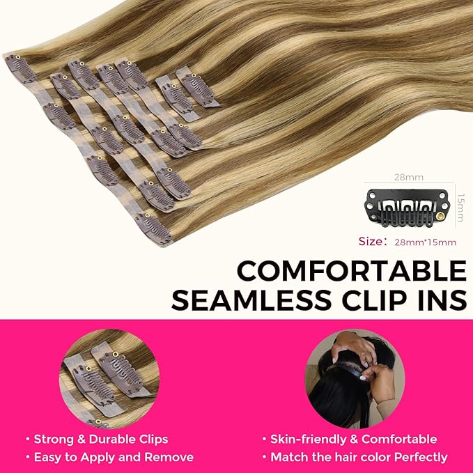Lashey Seamless Clip in Hair Extensions Human Hair 24 Inch 110g 7pcs Balayage Ash Brown to Honey Blonde Long Straight Clip in Hair with PU Weft for Black Women