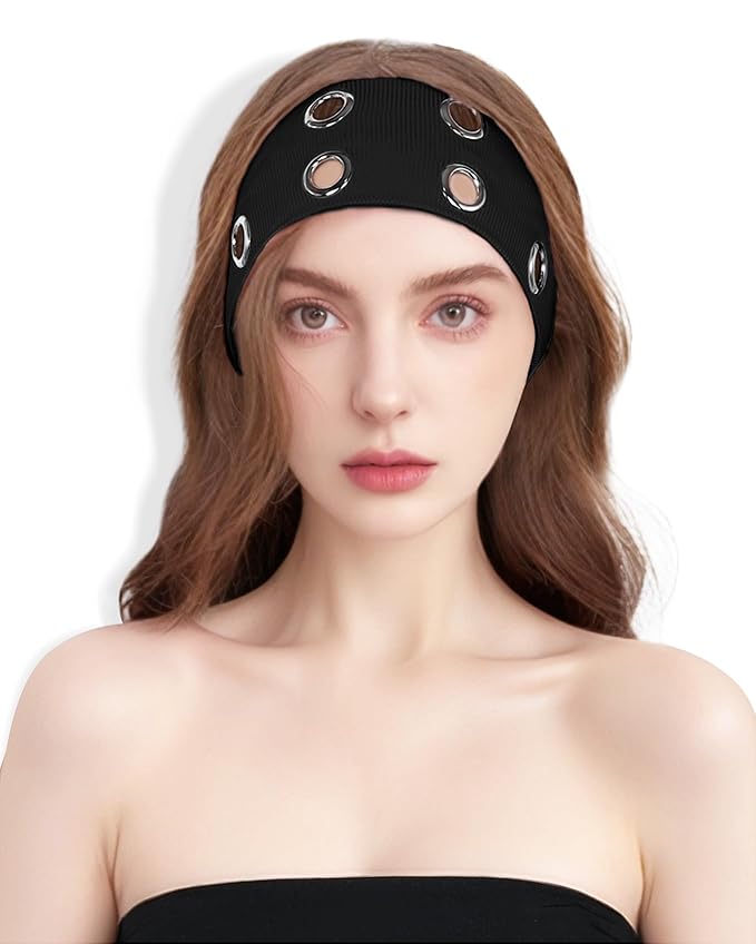 Grommet Headband for Women, Plus Black 23cm Hollow Out Elastic Hair Band, Eyelets Punk Grunge Stylish Hairband