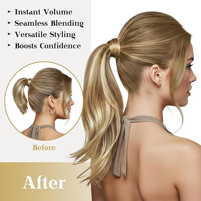 Ve Sunny Ponytail Extension Human Hair for Women Clip in Ponytail Hair Extension Straight Human Hair Pieces Wrap Around Medium Brown Fading To Brown Mix Platinum Blonde Balayage 14inch 80G