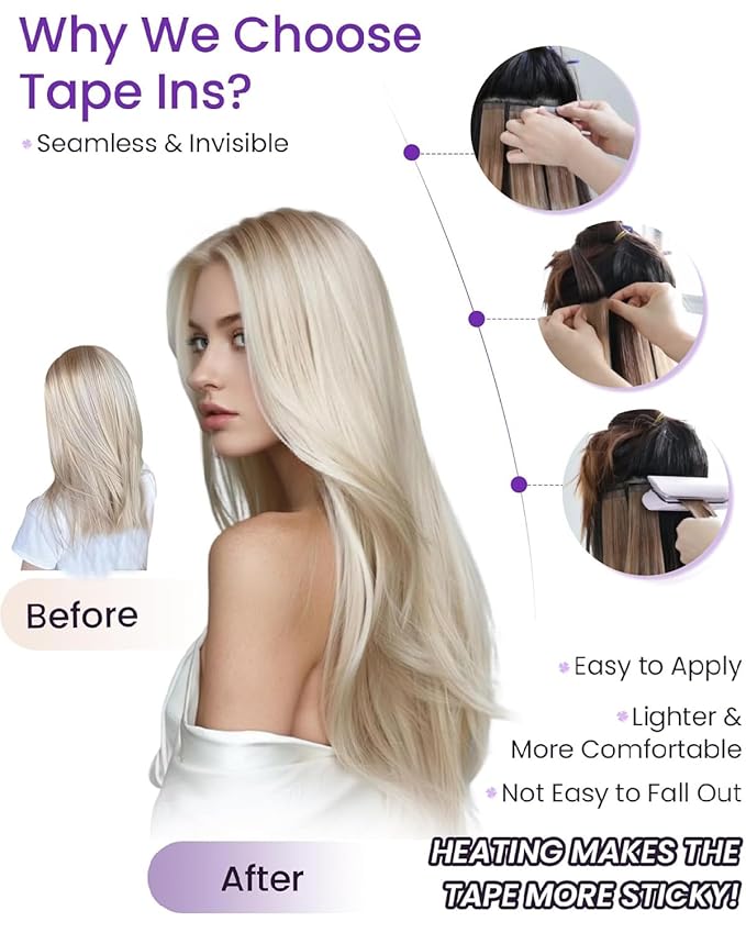 LaaVoo Tape in Hair Extensions Human Hair Ombre Hair Extensions Tape on Balayage Light Brown Fading to Platinum Blonde with Brown Tape in Extensions Silky Straight 14inch 20pcs 50g