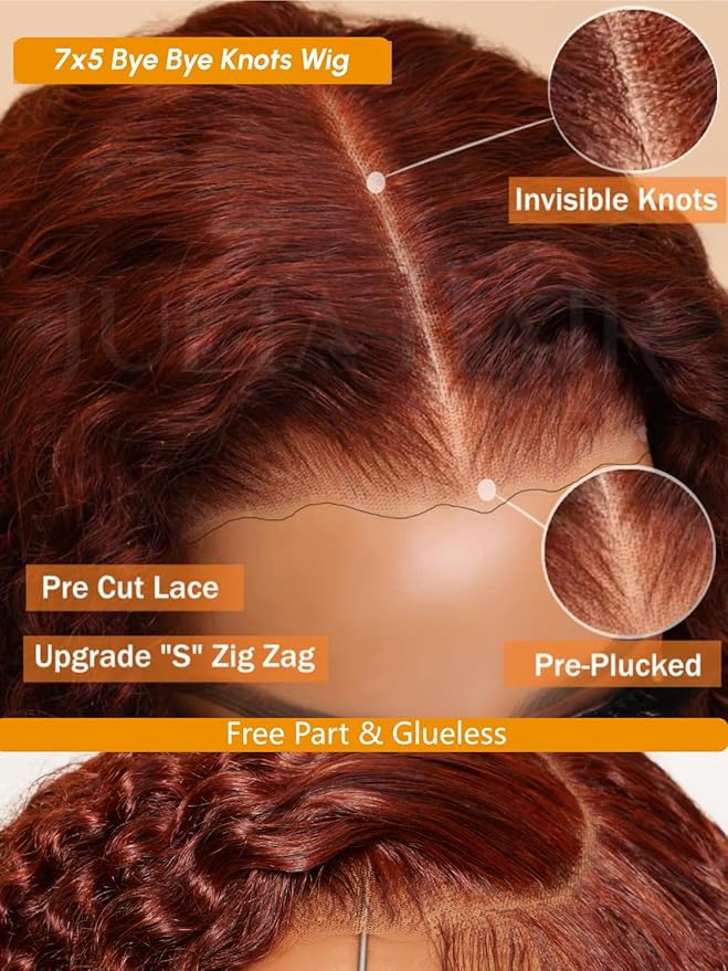 Julia Hair Reddish Brown Glueless Jerry Curly Human Hair Invisi-Drawstring Wig Auburn Pre Cut 7x5 Lace Front Wigs Pre Plucked Bleached Pre Cut Lace Closure Natural Hairline Put On and Go 22 Inch