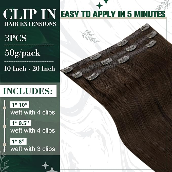 RUNATURE Clip in Hair Extensions Brown, Real Human Hair Clip in Extensions, Short Hair Extensions Clip Ins, Double Weft Remy Natural Hair, Can be Styled, 12 Inch 50g 3pcs #2 Dark Brown