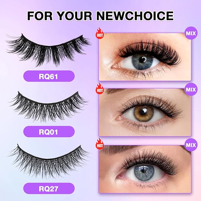 Wispy False Eyelashes Kit With Bond, Seal and Tweezer, 7 Pairs Natural Look Fake Cat Eye Lashes Strips Thin Band Extensions Waterproof Easy Eyelashes for Beginners RQ7Variety Mix