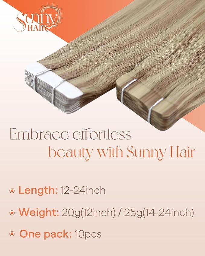Sunny Hair Blonde Tape in Hair Extensions Human Hair Remy Hair Extensions Real Human Hair Tape in 18inch Human Hair Extensions Tape in 10Pcs 25g