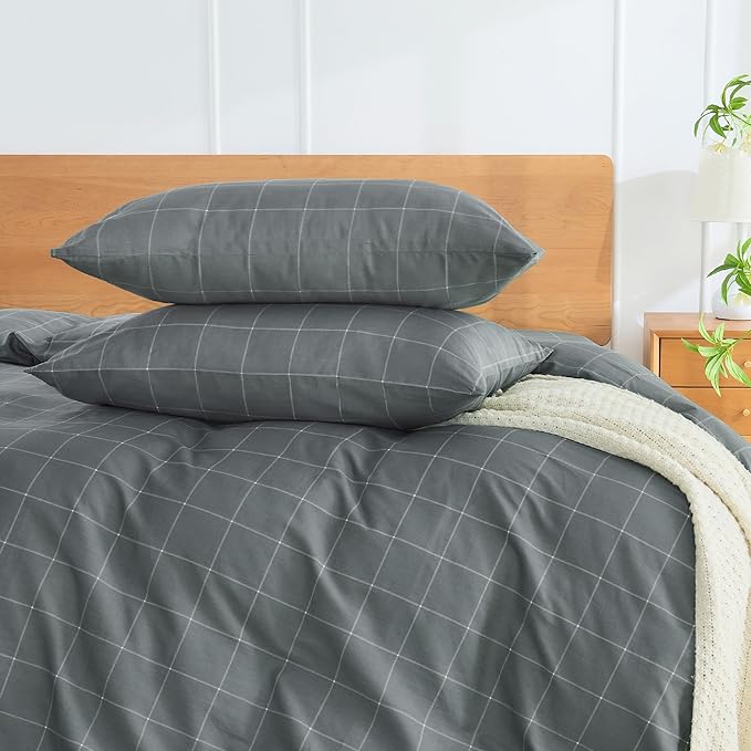 JELLYMONI 100% Natural Cotton Plaid Standard Pillowcases Set, 2 Pack Dark Gray with White Grid Geometric Pattern Printed Pillow Covers with Envelope Closure(Pillows are not Included)