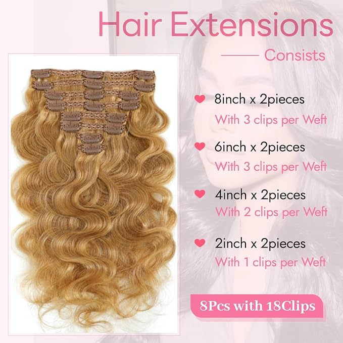Clip in Hair Extensions Real Human Hair Body Wave 27 Honey Blonde Clip in 100% Brazilian Remy Human Hair Extensions 8pcs Per Set with 18 Clips Double Weft 18 Inch 100g/3.6oz